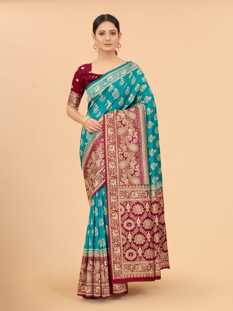 

WELL WORN Blue & Maroon Woven Design Zari Silk Cotton Ready to Wear Banarasi Saree