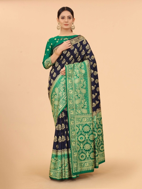 

WELL WORN Navy Blue & Green Woven Design Zari Silk Cotton Ready to Wear Banarasi Saree