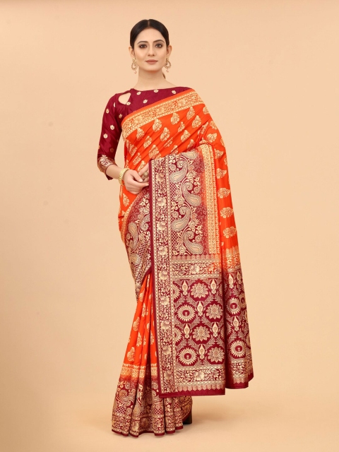 

WELL WORN Orange Woven Design Zari Silk Cotton Ready to Wear Banarasi Saree