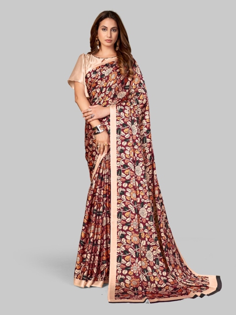 

7TH FAB Maroon & Beige Floral Satin Saree