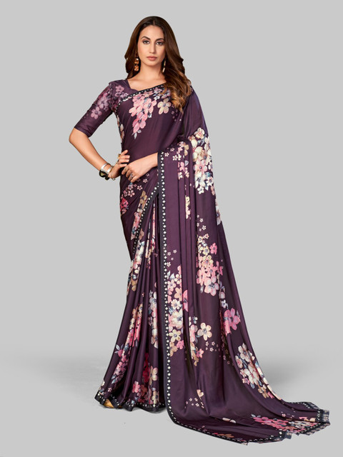 

7TH FAB Purple & Blue Floral Satin Saree