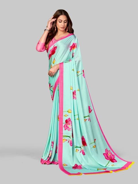 

7TH FAB Green & Pink Floral Satin Saree
