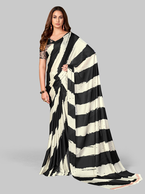 

7TH FAB Black & White Striped Satin Leheriya Saree