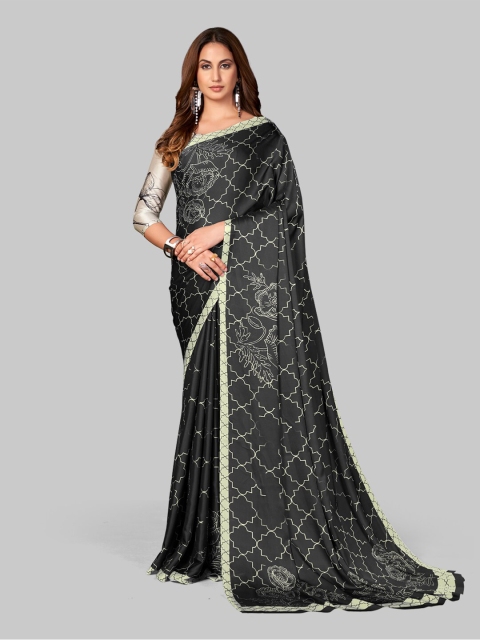 

7TH FAB Black & Cream-Coloured Floral Satin Saree