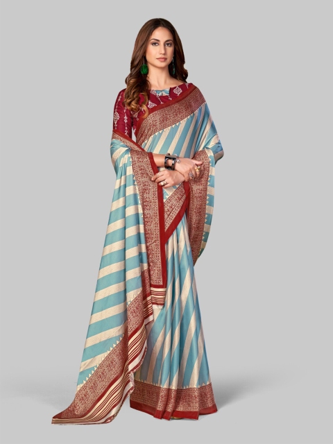 

7TH FAB Women Blue & Maroon Striped Satin Leheriya Saree