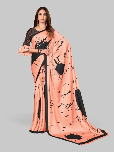 

7TH FAB Peach-Coloured & Black Satin Saree