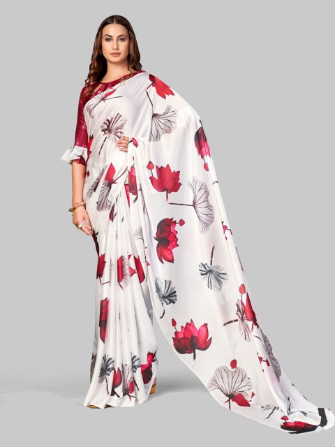 

7TH FAB White & Red Floral Satin Saree
