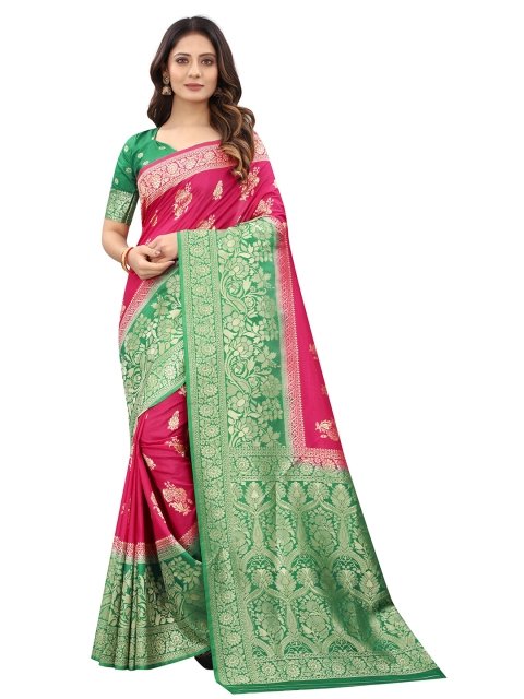 

WELL WORN Pink & Green Ethnic Motifs Zari Silk Cotton Banarasi Saree