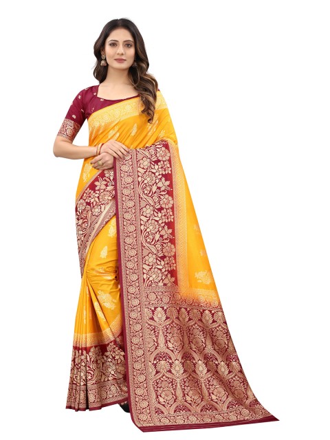 

WELL WORN Gold-Toned & Red Woven Design Zari Silk Cotton Ready to Wear Banarasi Saree