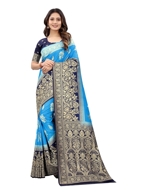 

WELL WORN Blue & Gold-Toned Woven Design Zari Silk Cotton Ready to Wear Banarasi Saree