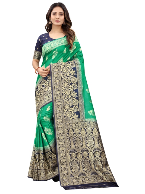 

WELL WORN Green & Navy Blue Floral Zari Silk Cotton Banarasi Saree