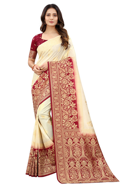 

WELL WORN Beige & Gold-Toned Woven Design Zari Silk Cotton Ready to Wear Banarasi Saree