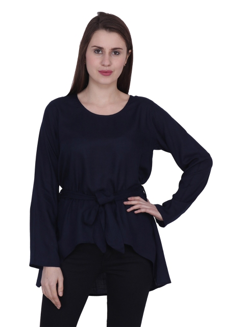 

Frempy Women Navy Blue Solid Viscose Rayon Top With A Fabric Belt