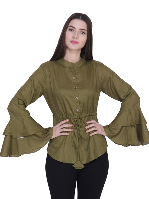 

Frempy Women Olive Green Mandarin Collar Shirt Style Top