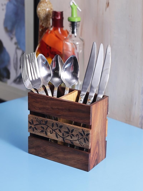 

Unravel India Brown Wooden Patterned Cutlery Holder
