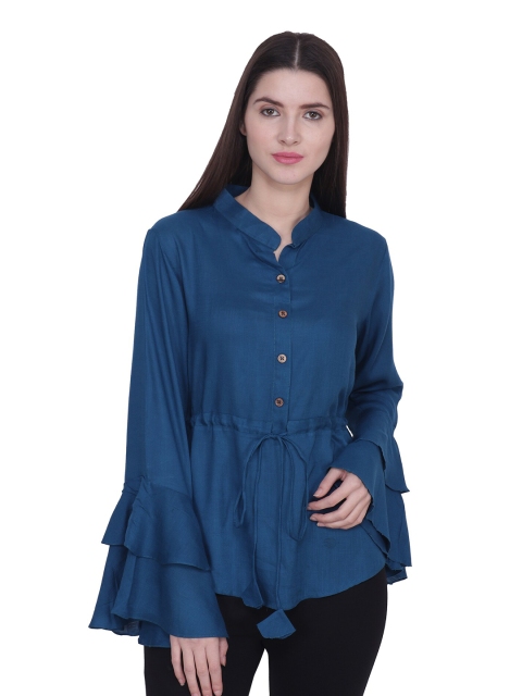 

Frempy Blue Mandarin Collar Ruffles Shirt Style Top