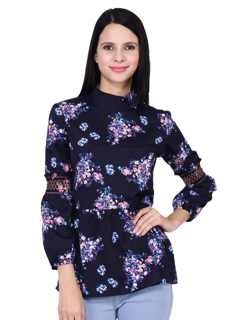 

Frempy Navy Blue Floral Print Crepe Top