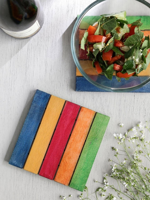 

Unravel India Set of 2 Multicoloured Square Wood Striped Coasters, Multi