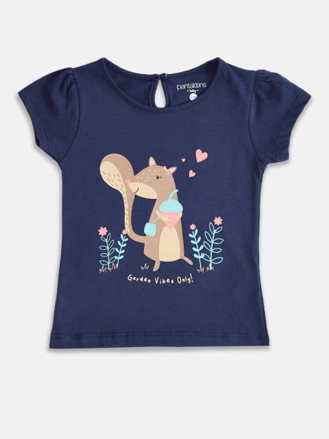 

Pantaloons Baby Girls Navy Blue Printed Puff Sleeves Cotton T-shirt