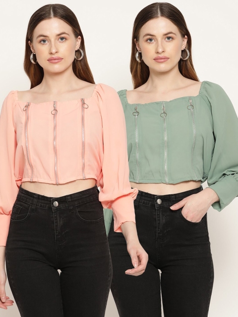 

Miaz Lifestyle set of 2 Peach-Coloured & Green Crop Top