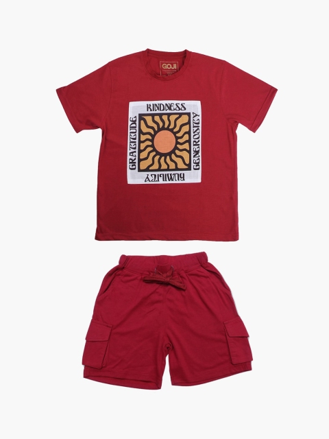 

GOJI Kids Maroon & White Graphic Printed Cotton Nightsuit