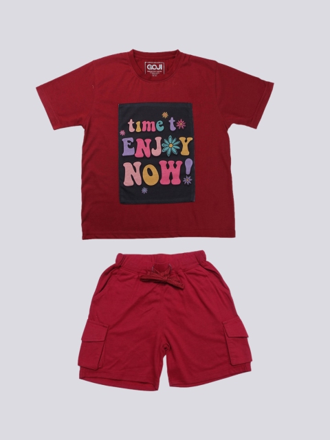 

GOJI Kids Maroon & Black Typography Printed Cotton Nightsuit
