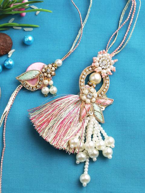 

Aapno Rajasthan Pink & Sea Green Pearl Beaded Bhabhi Bhaiya Rakhi Set
