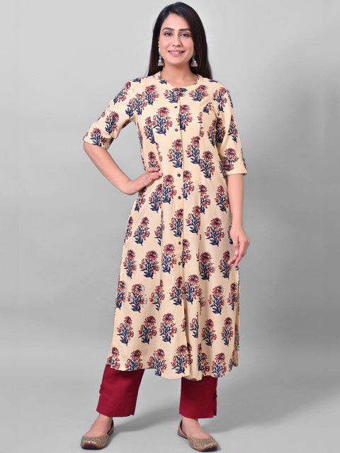 

PRAKRTEE Women Off White Floral Printed Extended Sleeves Anarkali Kurta