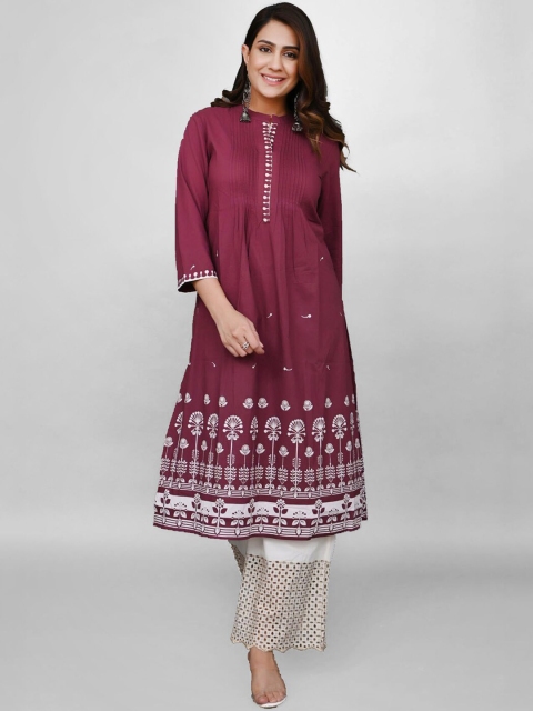 

PRAKRTEE Women Maroon & White Ethnic Motifs Printed Kurta