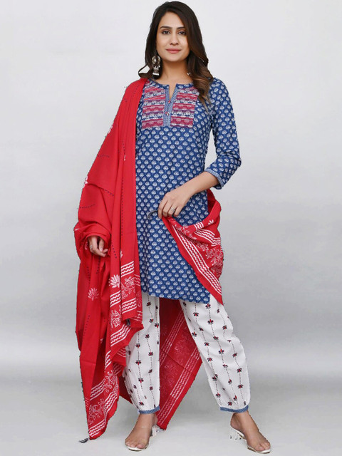 

PRAKRTEE Women Blue Floral Panelled Thread Work Pure Cotton Kurti with Trousers & With Dupatta