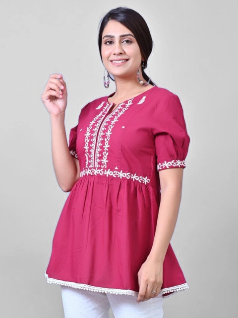 

PRAKRTEE Wine Print Cross Stitch Embroidered Empire Top, Maroon