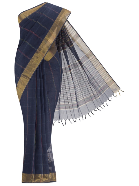 

Nalli Next Navy Blue & Gold-Toned Striped Zari Pure Cotton Saree