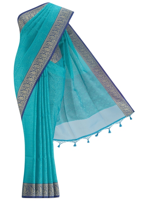 

Nalli Next Blue & Silver-Toned Woven Design Zari Silk Cotton Saree