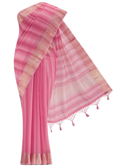 

Nalli Next Pink & Gold-Toned Striped Zari Silk Cotton Saree