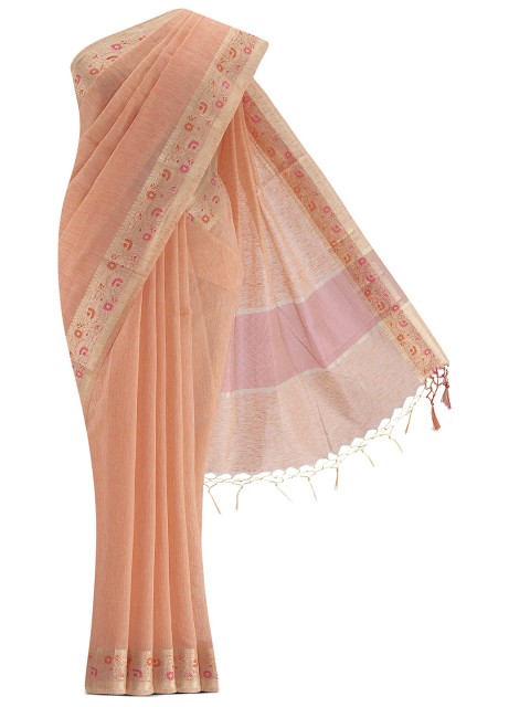 

Nalli Next Peach-Coloured & Gold-Toned Zari Linen Blend Saree