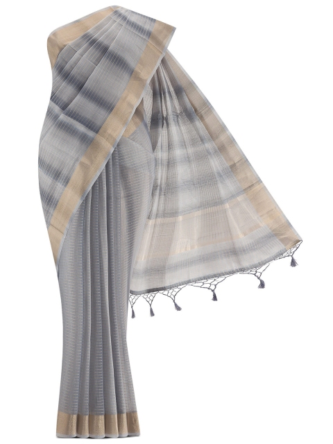

Nalli Next Grey & Gold-Toned Striped Zari Pure Cotton Saree