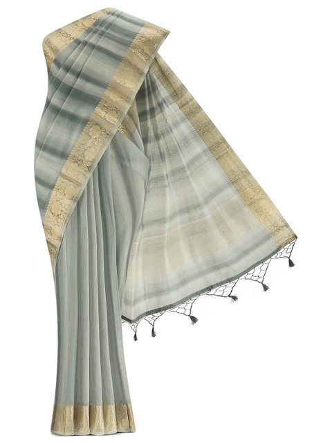 

Nalli Next Grey & Gold-Toned Striped Zari Silk Cotton Saree