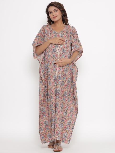 

Ikk Kudi by Seerat Brown Printed Maternity Maxi Pure Cotton Nightdress