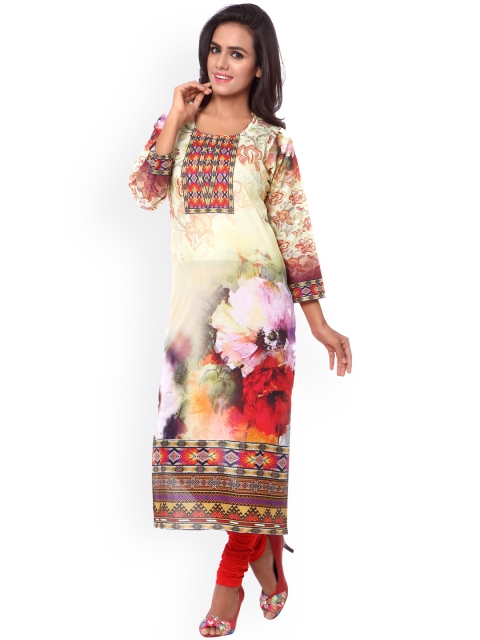 

Yes Fashions Women Cream-Coloured & Red Printed Straight Kurta