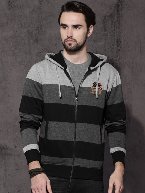 

Roadster Men Grey & Black Striped Hooded Sweatshirt