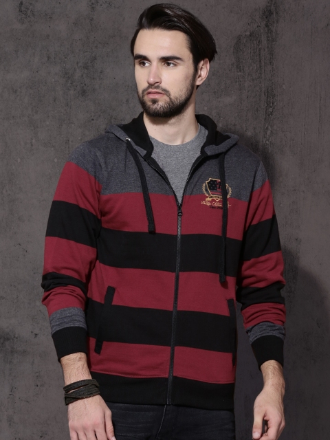 

Roadster Men Black & Grey Striped Hooded Sweatshirt