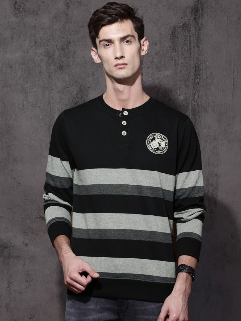 

Roadster Men Black & Grey Striped Sweatshirt