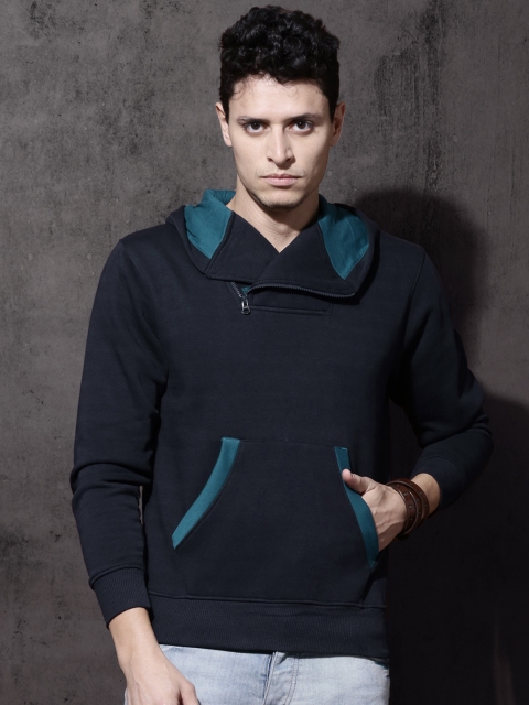 

Roadster Men Navy Blue Solid Hooded Sweatshirt