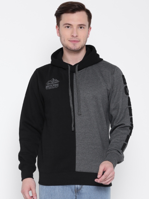 

Roadster Men Black & Grey Melange Colourblocked Hooded Sweatshirt