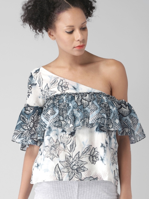 

LOVE GEN Women Off-White & Blue Floral Print Top