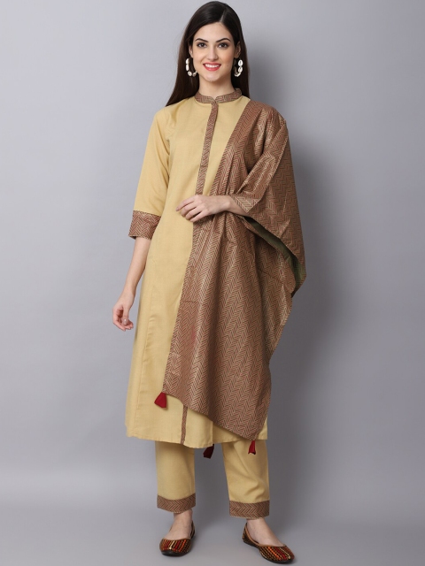 

ALC Creations Women Beige Pure Cotton Kurti with Trousers & Dupatta