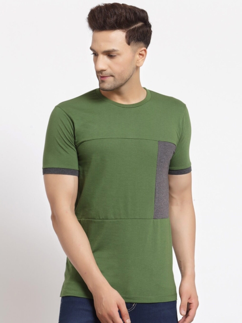 

Kalt Men Green Colourblocked Raw Edge Cotton T-shirt
