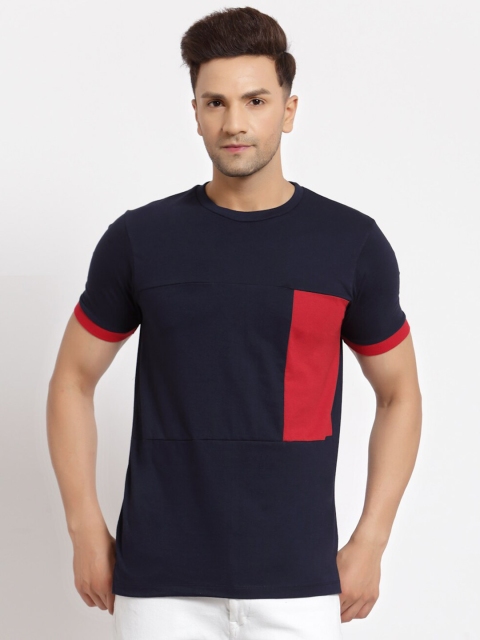 

Kalt Men Navy Blue Half Sleeves Round Neck Cotton Blend Colour Block T-Shirt