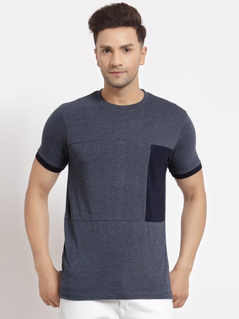 

Kalt Men Blue Half Sleeves Round Neck Cotton Blend Colour Block T-shirt