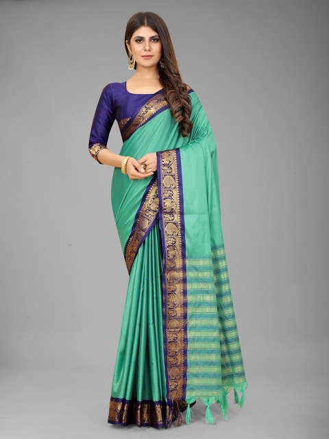 

Anjaneya Sarees Green & Turquoise Blue Woven Design Zari Ready to Wear Saree